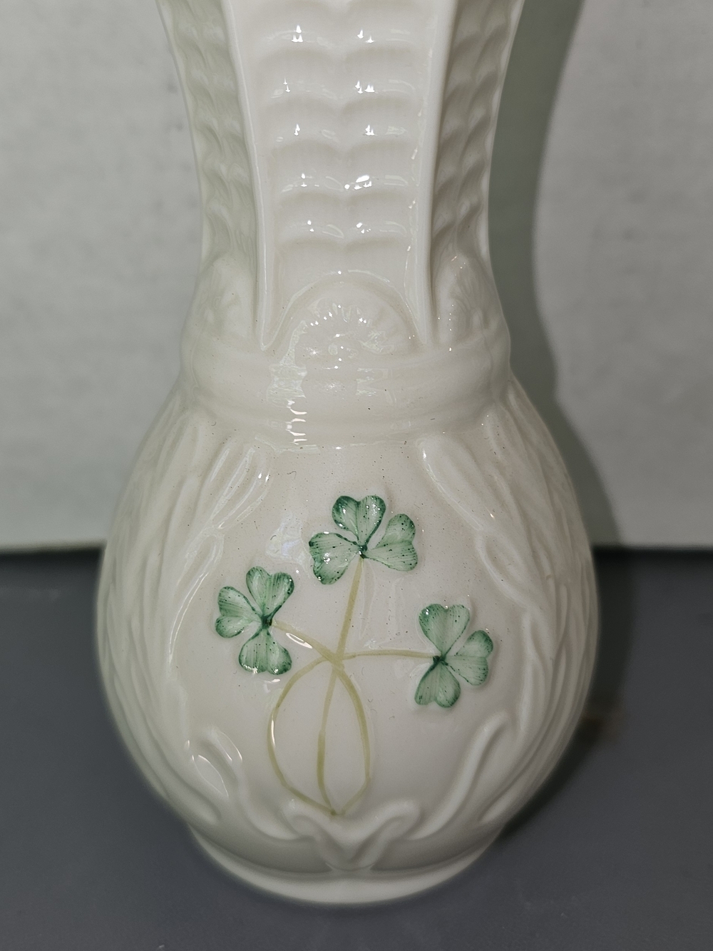 Belleek White Ceramic Vase with Green Shamrock Decoration